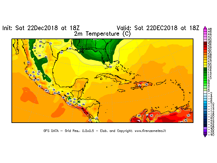 Mappa di analisi GFS - Temperatura a 2 metri dal suolo [°C] in Centro-America
									del 22/12/2018 18 <!--googleoff: index-->UTC<!--googleon: index-->