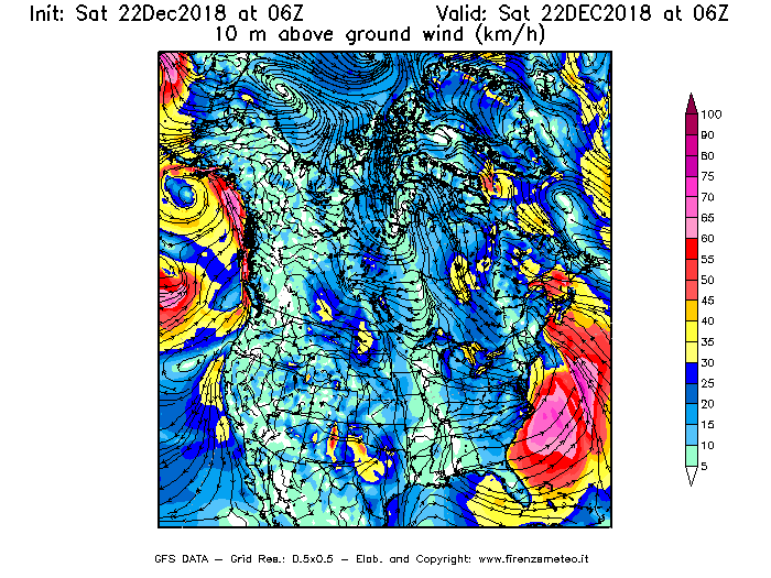 Mappa di analisi GFS - Velocità del vento a 10 metri dal suolo [km/h] in Nord-America
									del 22/12/2018 06 <!--googleoff: index-->UTC<!--googleon: index-->