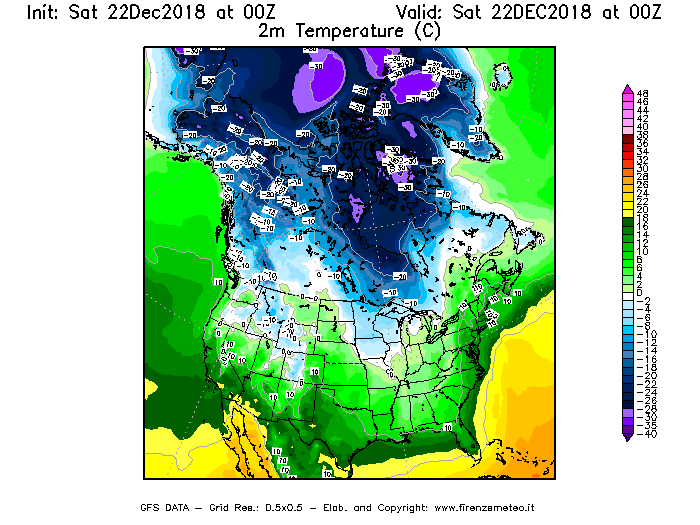 Mappa di analisi GFS - Temperatura a 2 metri dal suolo [°C] in Nord-America
									del 22/12/2018 00 <!--googleoff: index-->UTC<!--googleon: index-->