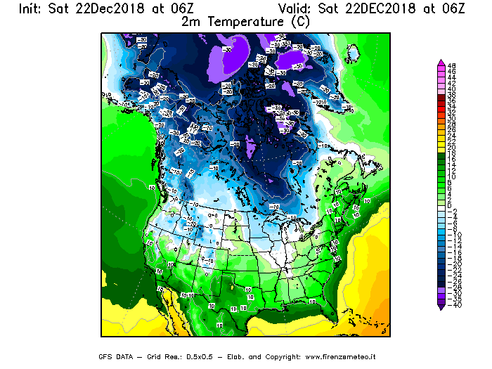 Mappa di analisi GFS - Temperatura a 2 metri dal suolo [°C] in Nord-America
									del 22/12/2018 06 <!--googleoff: index-->UTC<!--googleon: index-->