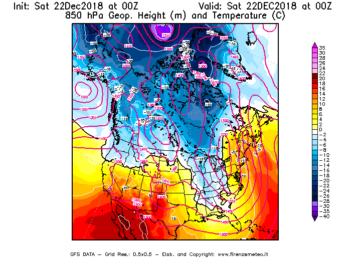 Mappa di analisi GFS - Geopotenziale [m] e Temperatura [°C] a 850 hPa in Nord-America
									del 22/12/2018 00 <!--googleoff: index-->UTC<!--googleon: index-->