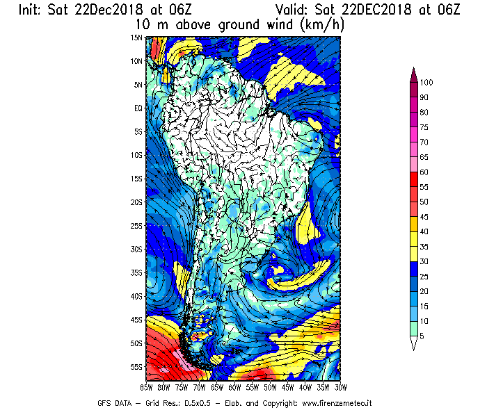 Mappa di analisi GFS - Velocità del vento a 10 metri dal suolo [km/h] in Sud-America
									del 22/12/2018 06 <!--googleoff: index-->UTC<!--googleon: index-->