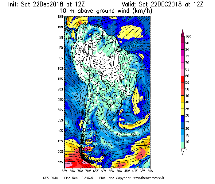 Mappa di analisi GFS - Velocità del vento a 10 metri dal suolo [km/h] in Sud-America
									del 22/12/2018 12 <!--googleoff: index-->UTC<!--googleon: index-->