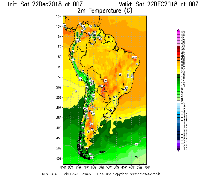 Mappa di analisi GFS - Temperatura a 2 metri dal suolo [°C] in Sud-America
									del 22/12/2018 00 <!--googleoff: index-->UTC<!--googleon: index-->