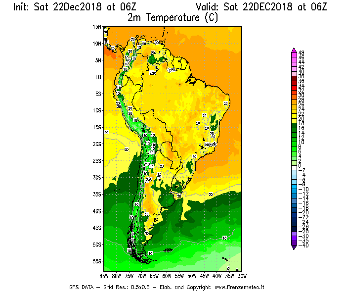 Mappa di analisi GFS - Temperatura a 2 metri dal suolo [°C] in Sud-America
									del 22/12/2018 06 <!--googleoff: index-->UTC<!--googleon: index-->