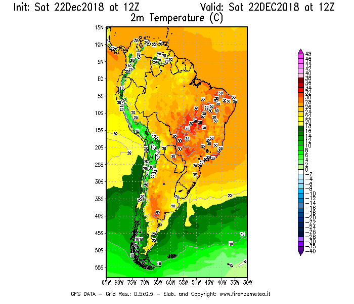 Mappa di analisi GFS - Temperatura a 2 metri dal suolo [°C] in Sud-America
									del 22/12/2018 12 <!--googleoff: index-->UTC<!--googleon: index-->