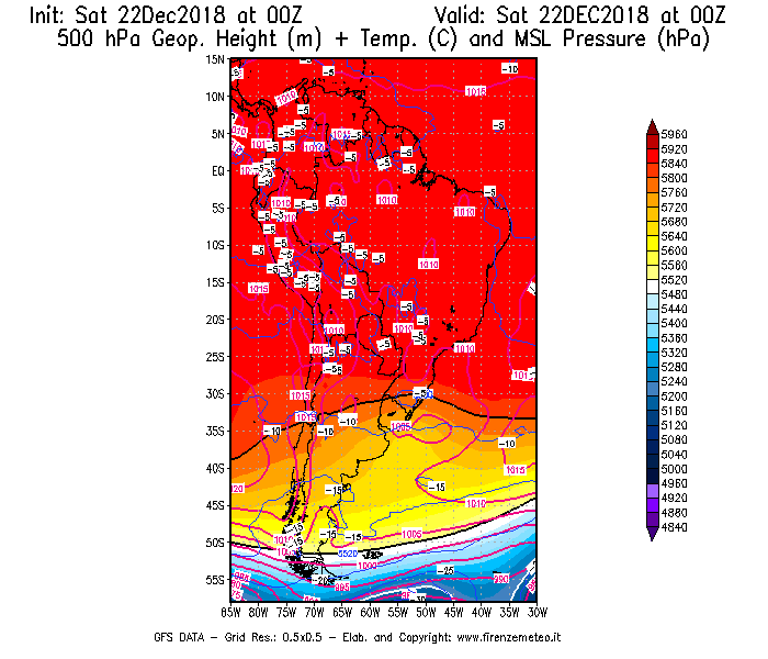 Mappa di analisi GFS - Geopotenziale [m] + Temp. [°C] a 500 hPa + Press. a livello del mare [hPa] in Sud-America
									del 22/12/2018 00 <!--googleoff: index-->UTC<!--googleon: index-->