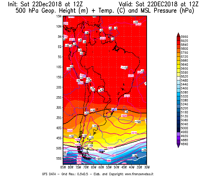 Mappa di analisi GFS - Geopotenziale [m] + Temp. [°C] a 500 hPa + Press. a livello del mare [hPa] in Sud-America
									del 22/12/2018 12 <!--googleoff: index-->UTC<!--googleon: index-->