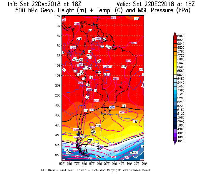 Mappa di analisi GFS - Geopotenziale [m] + Temp. [°C] a 500 hPa + Press. a livello del mare [hPa] in Sud-America
									del 22/12/2018 18 <!--googleoff: index-->UTC<!--googleon: index-->