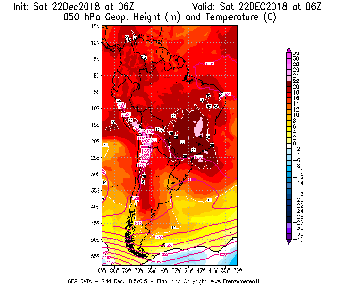 Mappa di analisi GFS - Geopotenziale [m] e Temperatura [°C] a 850 hPa in Sud-America
									del 22/12/2018 06 <!--googleoff: index-->UTC<!--googleon: index-->