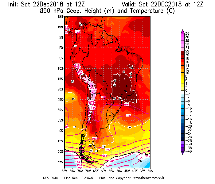 Mappa di analisi GFS - Geopotenziale [m] e Temperatura [°C] a 850 hPa in Sud-America
									del 22/12/2018 12 <!--googleoff: index-->UTC<!--googleon: index-->