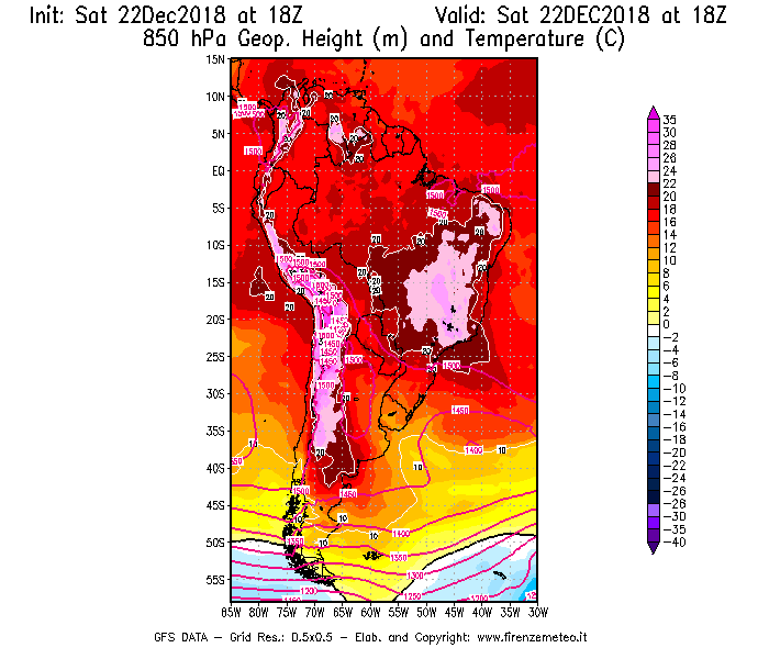 Mappa di analisi GFS - Geopotenziale [m] e Temperatura [°C] a 850 hPa in Sud-America
									del 22/12/2018 18 <!--googleoff: index-->UTC<!--googleon: index-->