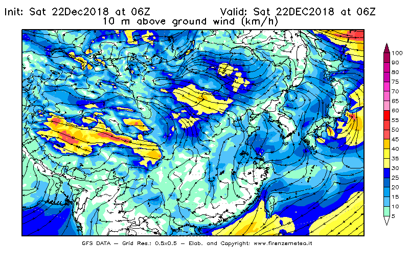 Mappa di analisi GFS - Velocità del vento a 10 metri dal suolo [km/h] in Asia Orientale
									del 22/12/2018 06 <!--googleoff: index-->UTC<!--googleon: index-->