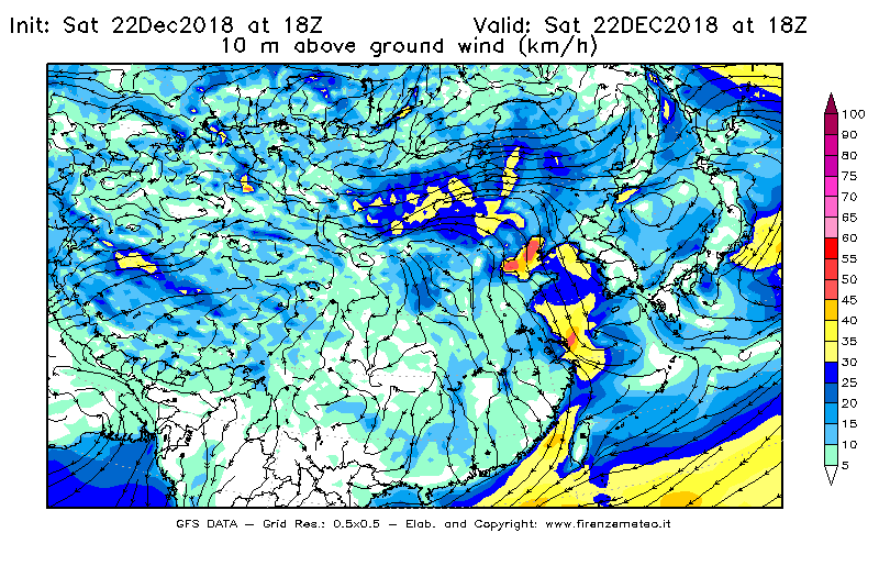 Mappa di analisi GFS - Velocità del vento a 10 metri dal suolo [km/h] in Asia Orientale
									del 22/12/2018 18 <!--googleoff: index-->UTC<!--googleon: index-->