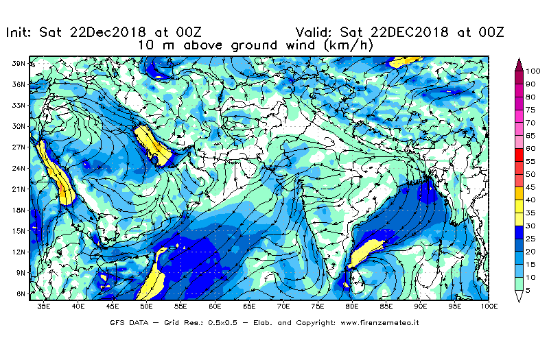 Mappa di analisi GFS - Velocità del vento a 10 metri dal suolo [km/h] in Asia Sud-Occidentale
									del 22/12/2018 00 <!--googleoff: index-->UTC<!--googleon: index-->