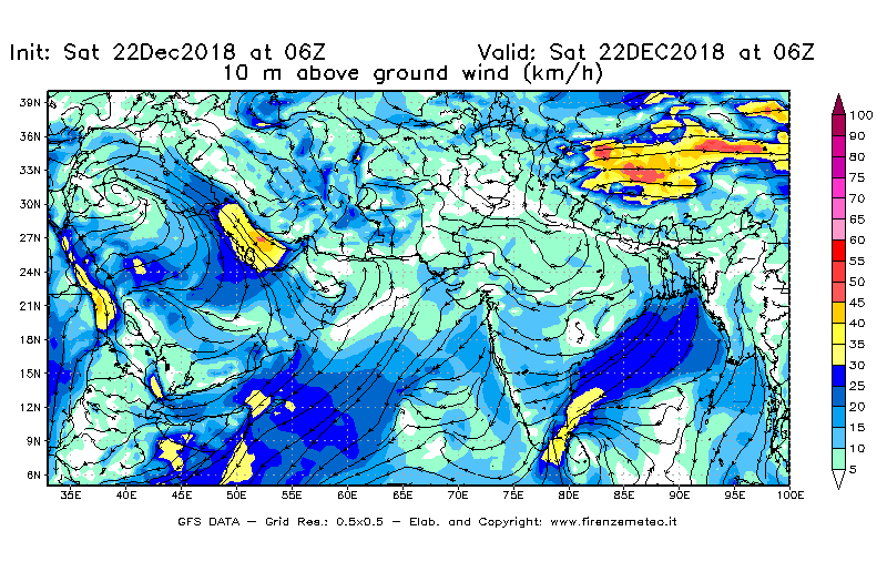 Mappa di analisi GFS - Velocità del vento a 10 metri dal suolo [km/h] in Asia Sud-Occidentale
									del 22/12/2018 06 <!--googleoff: index-->UTC<!--googleon: index-->