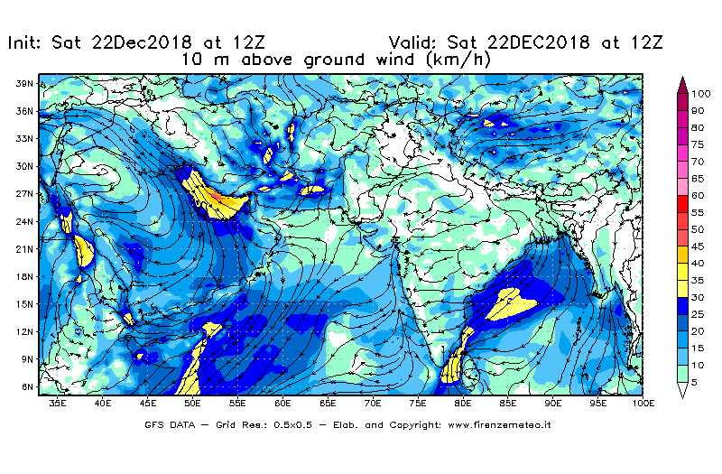 Mappa di analisi GFS - Velocità del vento a 10 metri dal suolo [km/h] in Asia Sud-Occidentale
									del 22/12/2018 12 <!--googleoff: index-->UTC<!--googleon: index-->