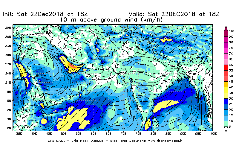 Mappa di analisi GFS - Velocità del vento a 10 metri dal suolo [km/h] in Asia Sud-Occidentale
									del 22/12/2018 18 <!--googleoff: index-->UTC<!--googleon: index-->