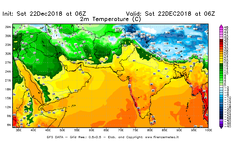 Mappa di analisi GFS - Temperatura a 2 metri dal suolo [°C] in Asia Sud-Occidentale
									del 22/12/2018 06 <!--googleoff: index-->UTC<!--googleon: index-->