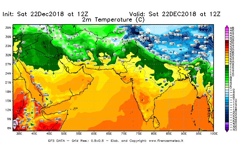 Mappa di analisi GFS - Temperatura a 2 metri dal suolo [°C] in Asia Sud-Occidentale
									del 22/12/2018 12 <!--googleoff: index-->UTC<!--googleon: index-->