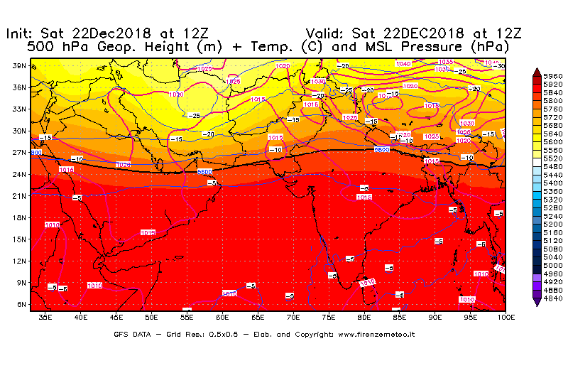 Mappa di analisi GFS - Geopotenziale [m] + Temp. [°C] a 500 hPa + Press. a livello del mare [hPa] in Asia Sud-Occidentale
									del 22/12/2018 12 <!--googleoff: index-->UTC<!--googleon: index-->