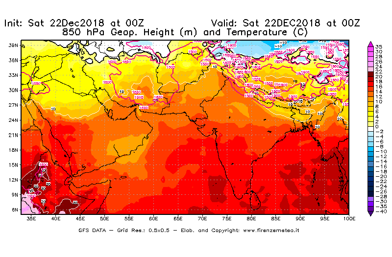 Mappa di analisi GFS - Geopotenziale [m] e Temperatura [°C] a 850 hPa in Asia Sud-Occidentale
									del 22/12/2018 00 <!--googleoff: index-->UTC<!--googleon: index-->
