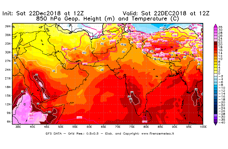 Mappa di analisi GFS - Geopotenziale [m] e Temperatura [°C] a 850 hPa in Asia Sud-Occidentale
									del 22/12/2018 12 <!--googleoff: index-->UTC<!--googleon: index-->