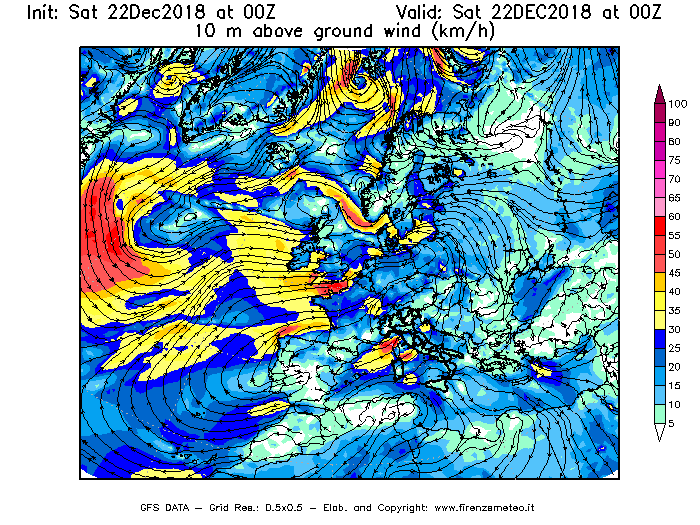 Mappa di analisi GFS - Velocità del vento a 10 metri dal suolo [km/h] in Europa
									del 22/12/2018 00 <!--googleoff: index-->UTC<!--googleon: index-->