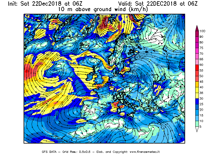 Mappa di analisi GFS - Velocità del vento a 10 metri dal suolo [km/h] in Europa
									del 22/12/2018 06 <!--googleoff: index-->UTC<!--googleon: index-->