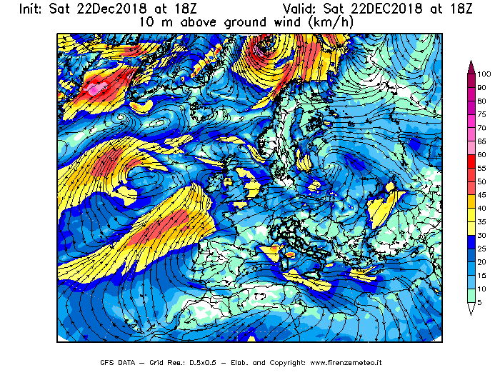 Mappa di analisi GFS - Velocità del vento a 10 metri dal suolo [km/h] in Europa
									del 22/12/2018 18 <!--googleoff: index-->UTC<!--googleon: index-->