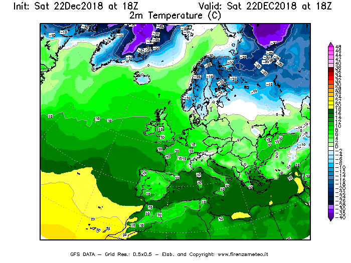 Mappa di analisi GFS - Temperatura a 2 metri dal suolo [°C] in Europa
									del 22/12/2018 18 <!--googleoff: index-->UTC<!--googleon: index-->
