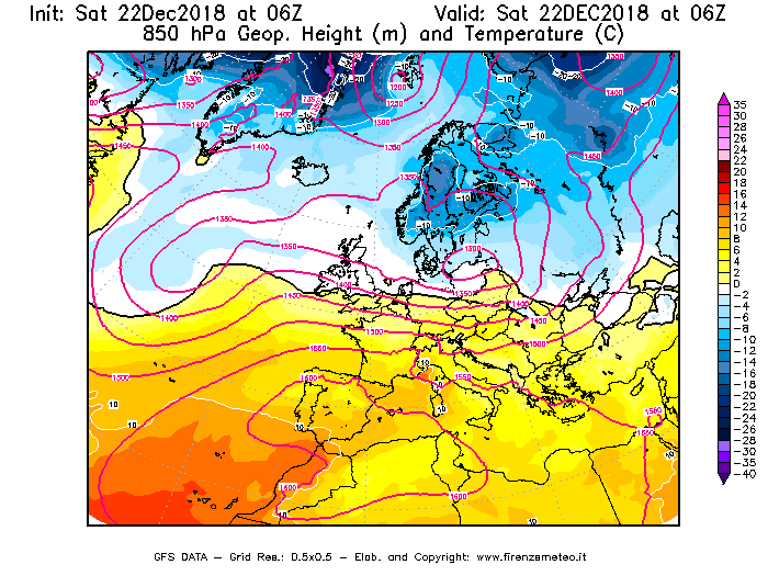 Mappa di analisi GFS - Geopotenziale [m] e Temperatura [°C] a 850 hPa in Europa
									del 22/12/2018 06 <!--googleoff: index-->UTC<!--googleon: index-->