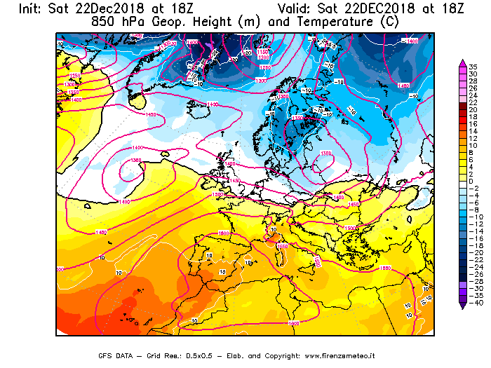 Mappa di analisi GFS - Geopotenziale [m] e Temperatura [°C] a 850 hPa in Europa
									del 22/12/2018 18 <!--googleoff: index-->UTC<!--googleon: index-->