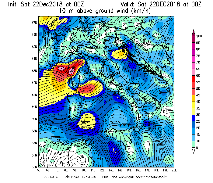 Mappa di analisi GFS - Velocità del vento a 10 metri dal suolo [km/h] in Italia
									del 22/12/2018 00 <!--googleoff: index-->UTC<!--googleon: index-->