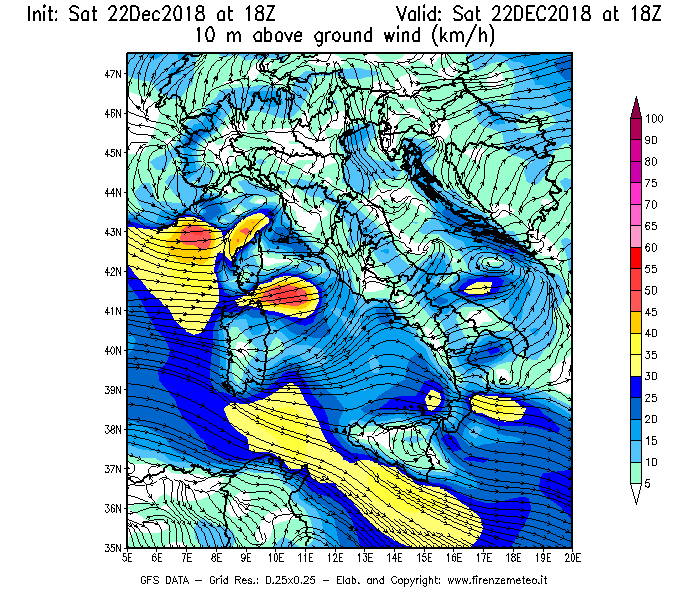 Mappa di analisi GFS - Velocità del vento a 10 metri dal suolo [km/h] in Italia
									del 22/12/2018 18 <!--googleoff: index-->UTC<!--googleon: index-->