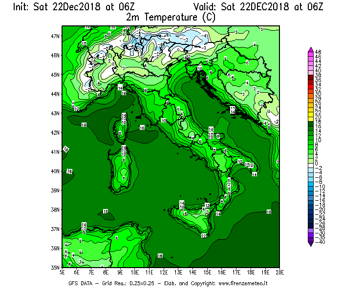Mappa di analisi GFS - Temperatura a 2 metri dal suolo [°C] in Italia
									del 22/12/2018 06 <!--googleoff: index-->UTC<!--googleon: index-->