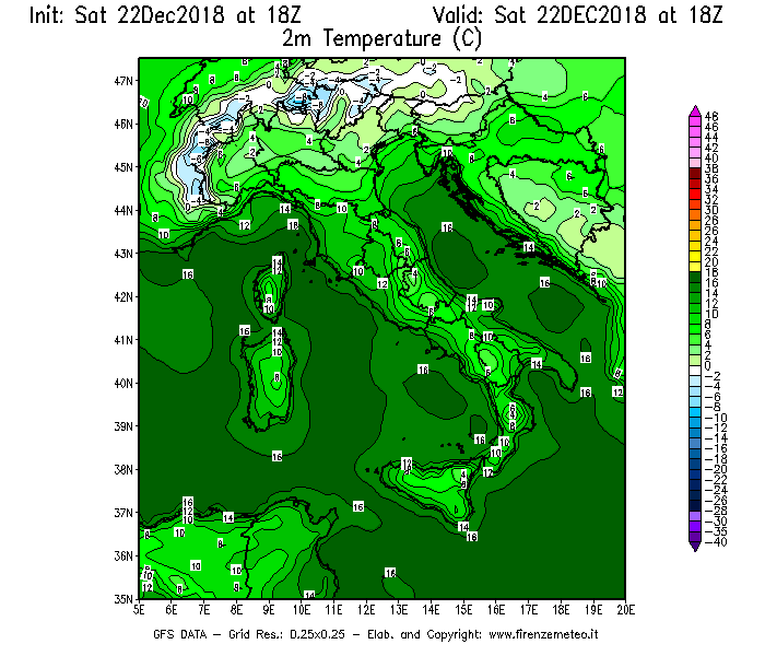 Mappa di analisi GFS - Temperatura a 2 metri dal suolo [°C] in Italia
									del 22/12/2018 18 <!--googleoff: index-->UTC<!--googleon: index-->