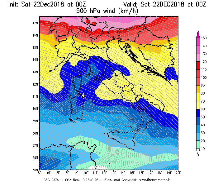 Mappa di analisi GFS - Velocità del vento a 500 hPa [km/h] in Italia
									del 22/12/2018 00 <!--googleoff: index-->UTC<!--googleon: index-->