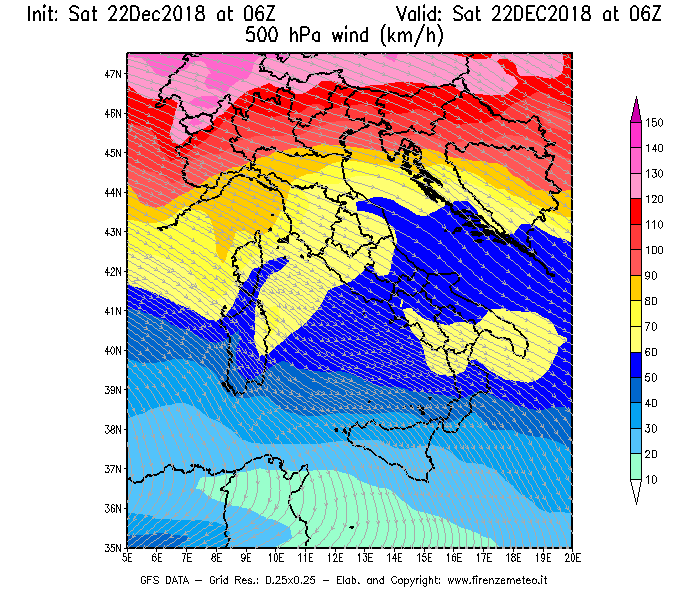 Mappa di analisi GFS - Velocità del vento a 500 hPa [km/h] in Italia
									del 22/12/2018 06 <!--googleoff: index-->UTC<!--googleon: index-->
