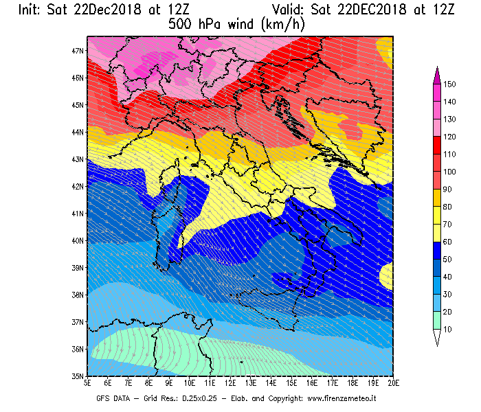 Mappa di analisi GFS - Velocità del vento a 500 hPa [km/h] in Italia
									del 22/12/2018 12 <!--googleoff: index-->UTC<!--googleon: index-->