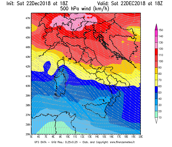 Mappa di analisi GFS - Velocità del vento a 500 hPa [km/h] in Italia
									del 22/12/2018 18 <!--googleoff: index-->UTC<!--googleon: index-->