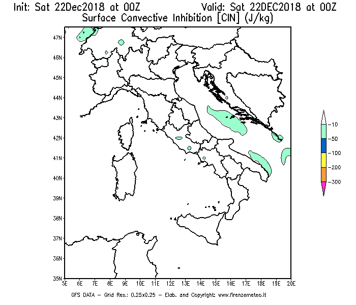 Mappa di analisi GFS - CIN [J/kg] in Italia
									del 22/12/2018 00 <!--googleoff: index-->UTC<!--googleon: index-->