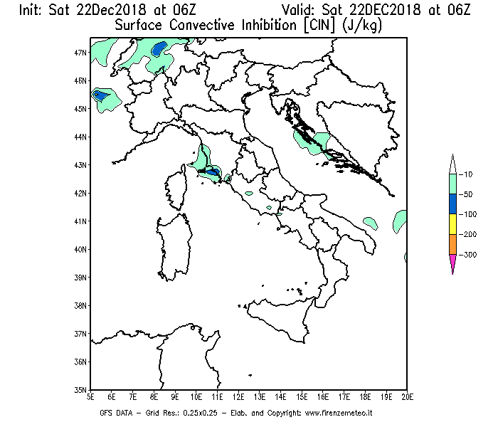 Mappa di analisi GFS - CIN [J/kg] in Italia
									del 22/12/2018 06 <!--googleoff: index-->UTC<!--googleon: index-->