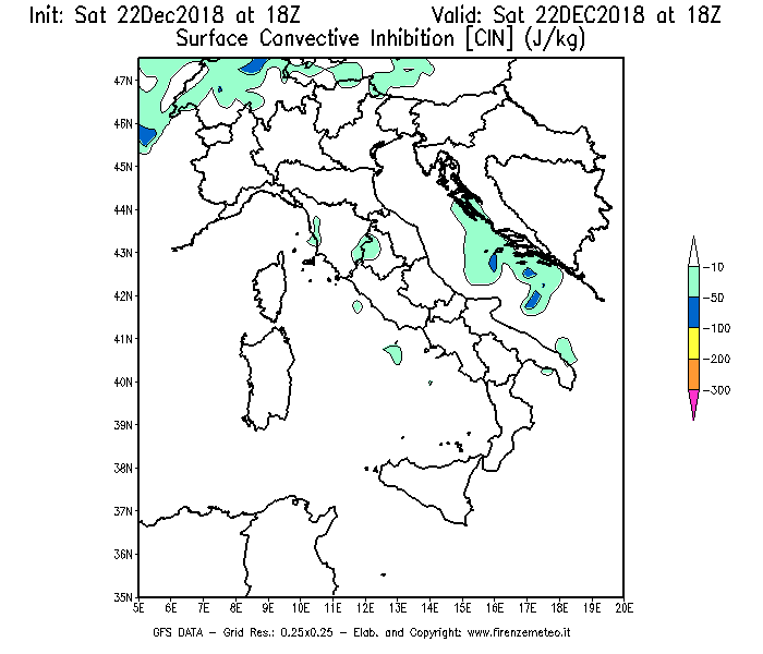 Mappa di analisi GFS - CIN [J/kg] in Italia
									del 22/12/2018 18 <!--googleoff: index-->UTC<!--googleon: index-->