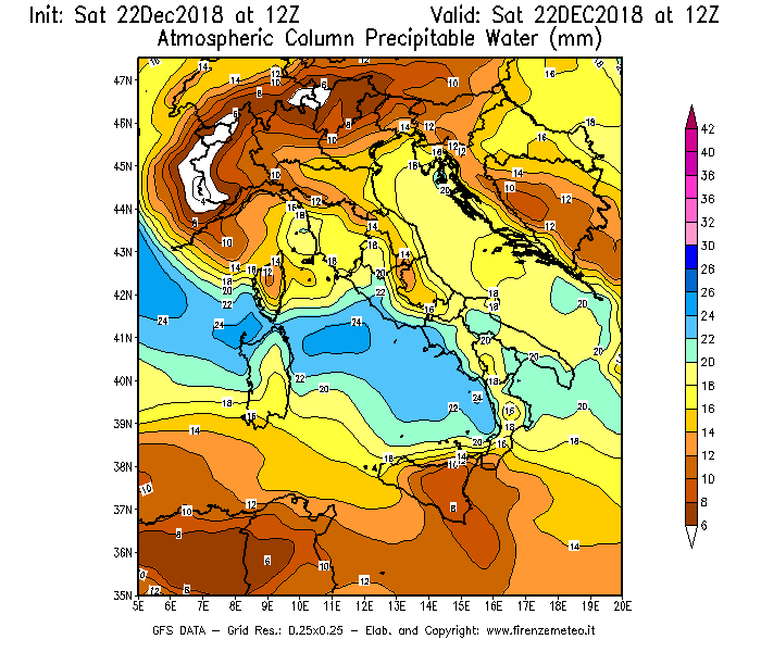 Mappa di analisi GFS - Precipitable Water [mm] in Italia
									del 22/12/2018 12 <!--googleoff: index-->UTC<!--googleon: index-->