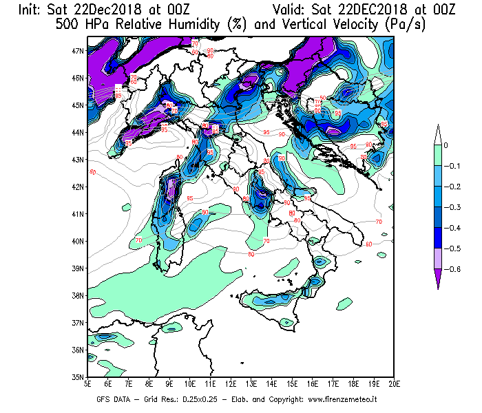Mappa di analisi GFS - Umidità relativa [%] e Omega [Pa/s] a 500 hPa in Italia
									del 22/12/2018 00 <!--googleoff: index-->UTC<!--googleon: index-->