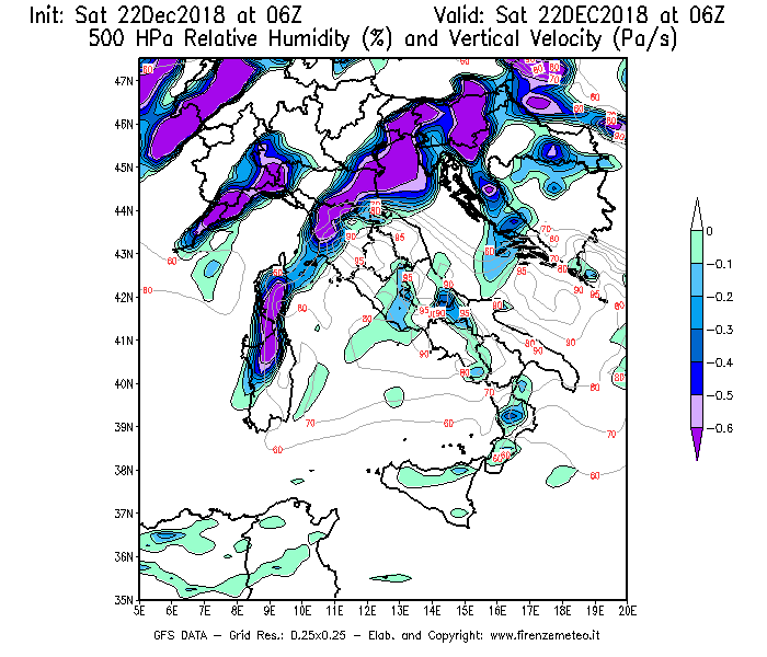 Mappa di analisi GFS - Umidità relativa [%] e Omega [Pa/s] a 500 hPa in Italia
									del 22/12/2018 06 <!--googleoff: index-->UTC<!--googleon: index-->