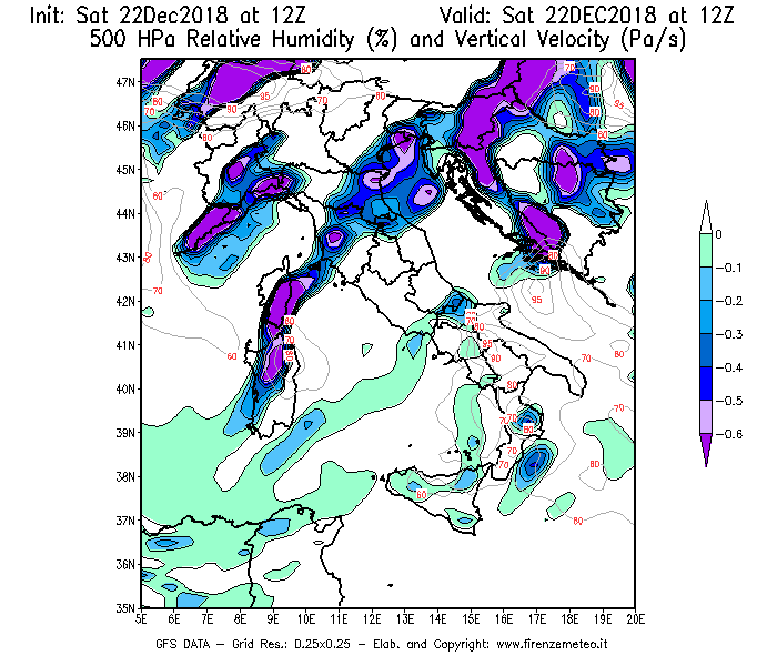 Mappa di analisi GFS - Umidità relativa [%] e Omega [Pa/s] a 500 hPa in Italia
									del 22/12/2018 12 <!--googleoff: index-->UTC<!--googleon: index-->