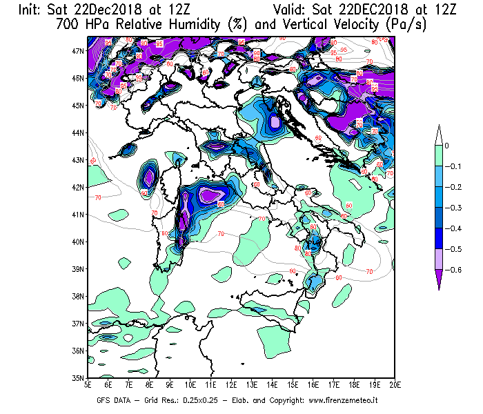 Mappa di analisi GFS - Umidità relativa [%] e Omega [Pa/s] a 700 hPa in Italia
									del 22/12/2018 12 <!--googleoff: index-->UTC<!--googleon: index-->