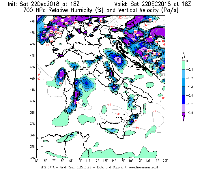 Mappa di analisi GFS - Umidità relativa [%] e Omega [Pa/s] a 700 hPa in Italia
									del 22/12/2018 18 <!--googleoff: index-->UTC<!--googleon: index-->